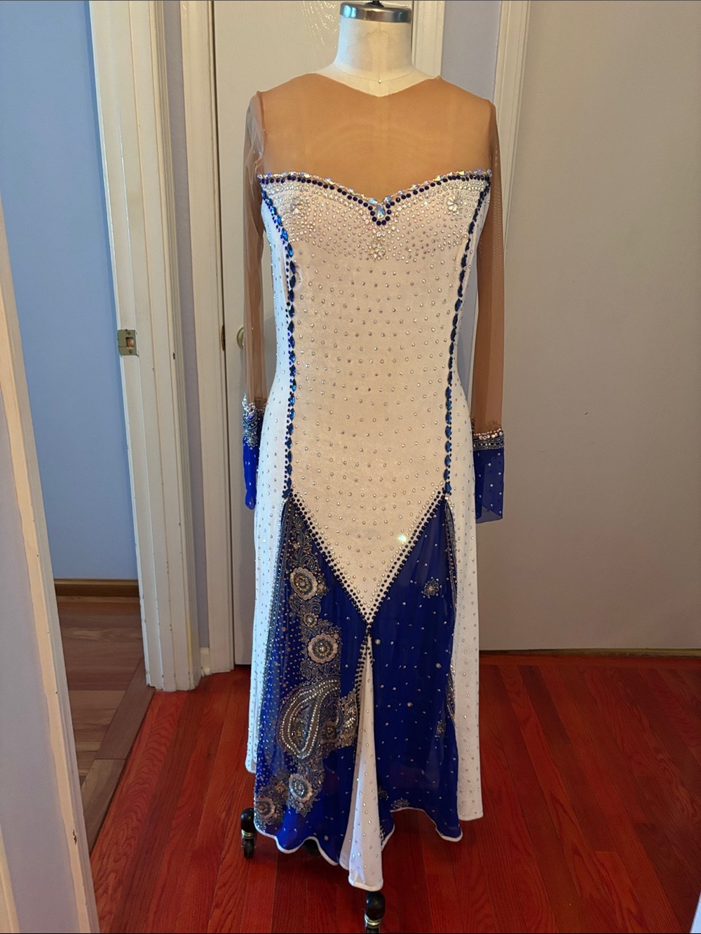 Beaded White and Royal Blue Ballroom smooth Competition Dress with Sheer Sleeves